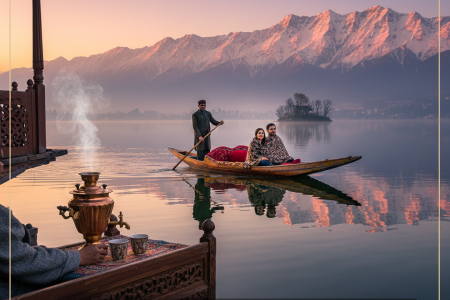 Kashmir vacation 2026 dream scene - Dal Lake houseboat at golden hour with shikara, Zabarwan mountains, and steaming Kahwa capturing Paradise on Earth