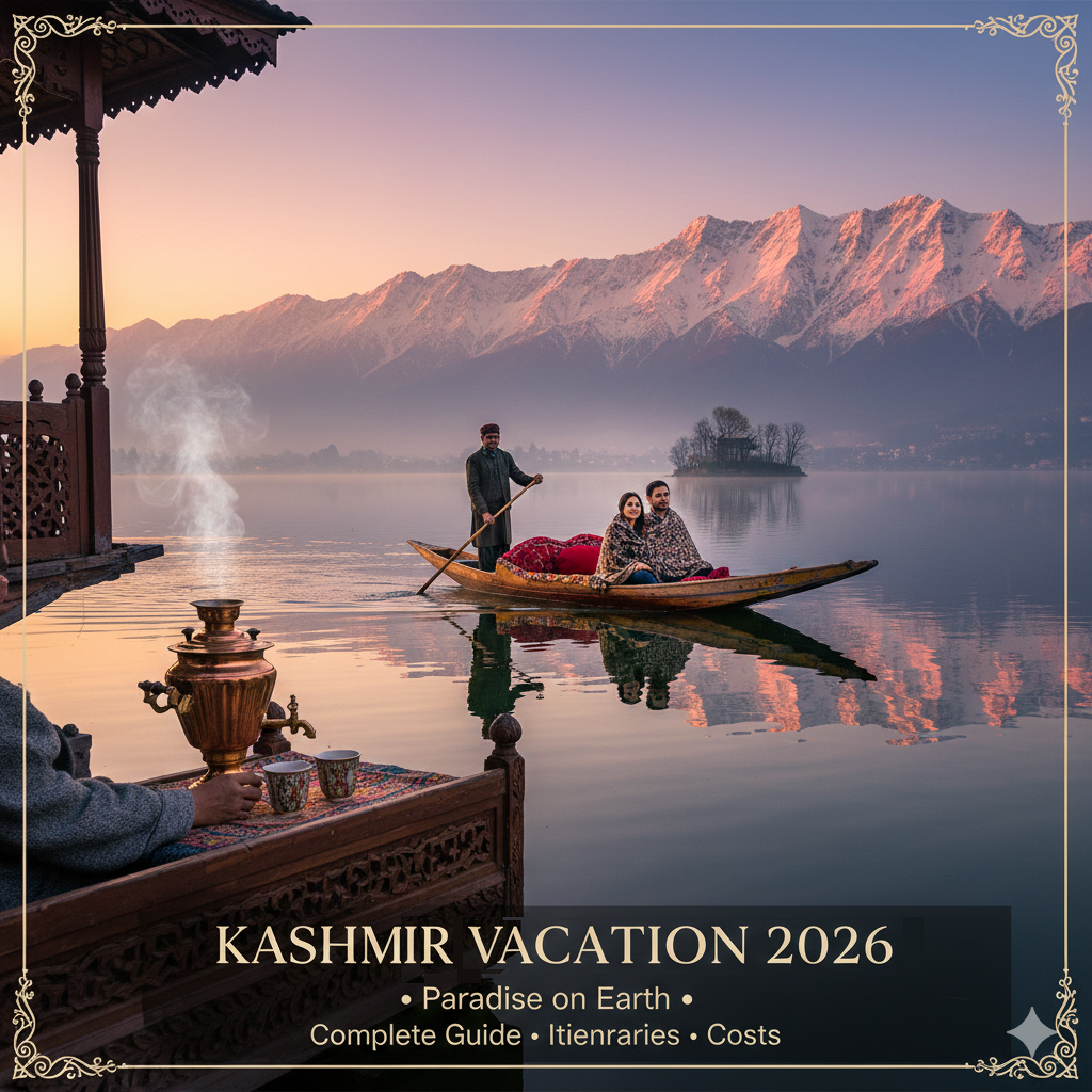 Kashmir vacation 2026 dream scene - Dal Lake houseboat at golden hour with shikara, Zabarwan mountains, and steaming Kahwa capturing Paradise on Earth
