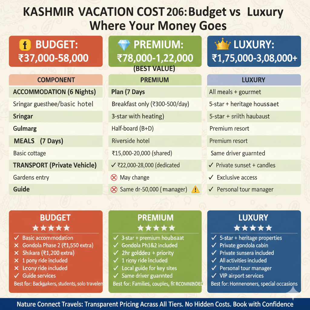 Kashmir vacation cost breakdown 2026 - Budget ₹37-58K, Premium ₹78-122K, Luxury ₹1.75-3.08L with accommodation, meals, transport, and activities comparison