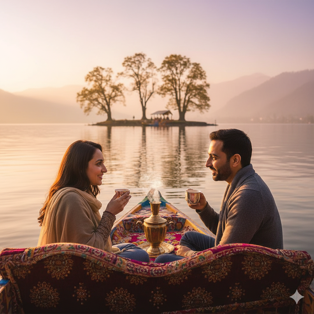 Kashmir vacation golden hour shikara ride on Dal Lake with Char Chinar view