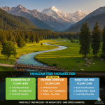 Pahalgam tour packages 2026 comparison showing standard valley package ₹12,000-18,000, premium adventure package ₹22,000-32,000, and budget explorer package ₹5,500-7,500 with Lidder River and Himalayan peaks