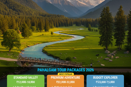 Pahalgam tour packages 2026 comparison showing standard valley package ₹12,000-18,000, premium adventure package ₹22,000-32,000, and budget explorer package ₹5,500-7,500 with Lidder River and Himalayan peaks