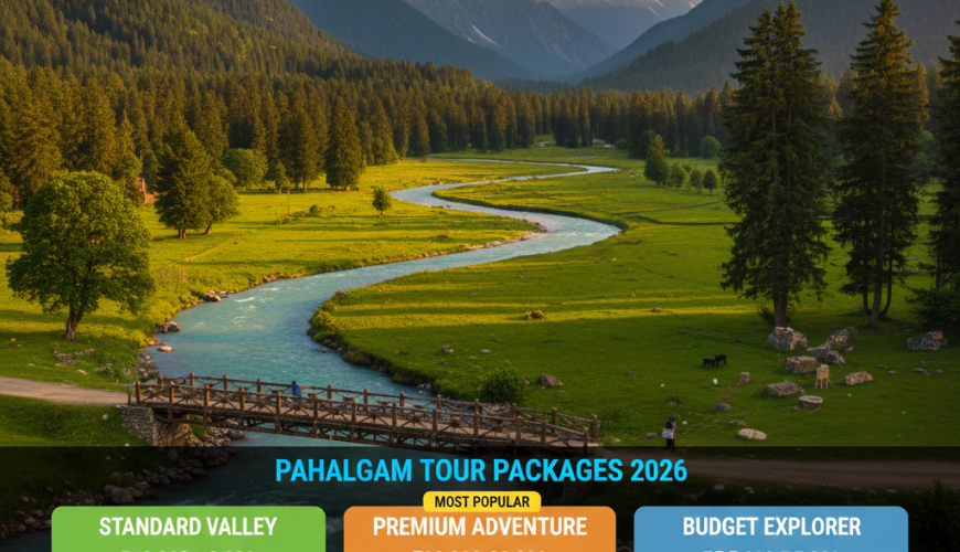 Pahalgam tour packages 2026 comparison showing standard valley package ₹12,000-18,000, premium adventure package ₹22,000-32,000, and budget explorer package ₹5,500-7,500 with Lidder River and Himalayan peaks