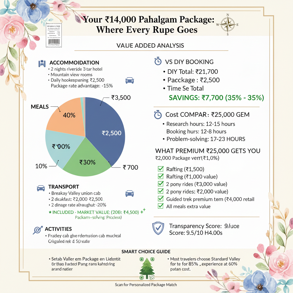 Ultimate Pahalgam Tour Packages 2026 | Prices & Itineraries 12 Pahalgam tour packages cost breakdown showing accommodation 40%, meals 25%, transport 20%, valley access 10%, activities 5% with DIY comparison showing ₹7,700 savings