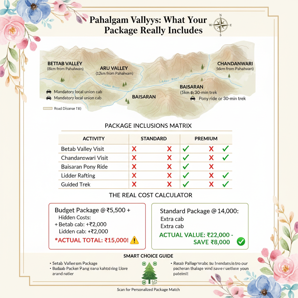 Ultimate Pahalgam Tour Packages 2026 | Prices & Itineraries 11 Pahalgam tour packages valley access map showing Betaab, Aru, Baisaran, Chandanwari with mandatory cab costs and package inclusion comparison matrix