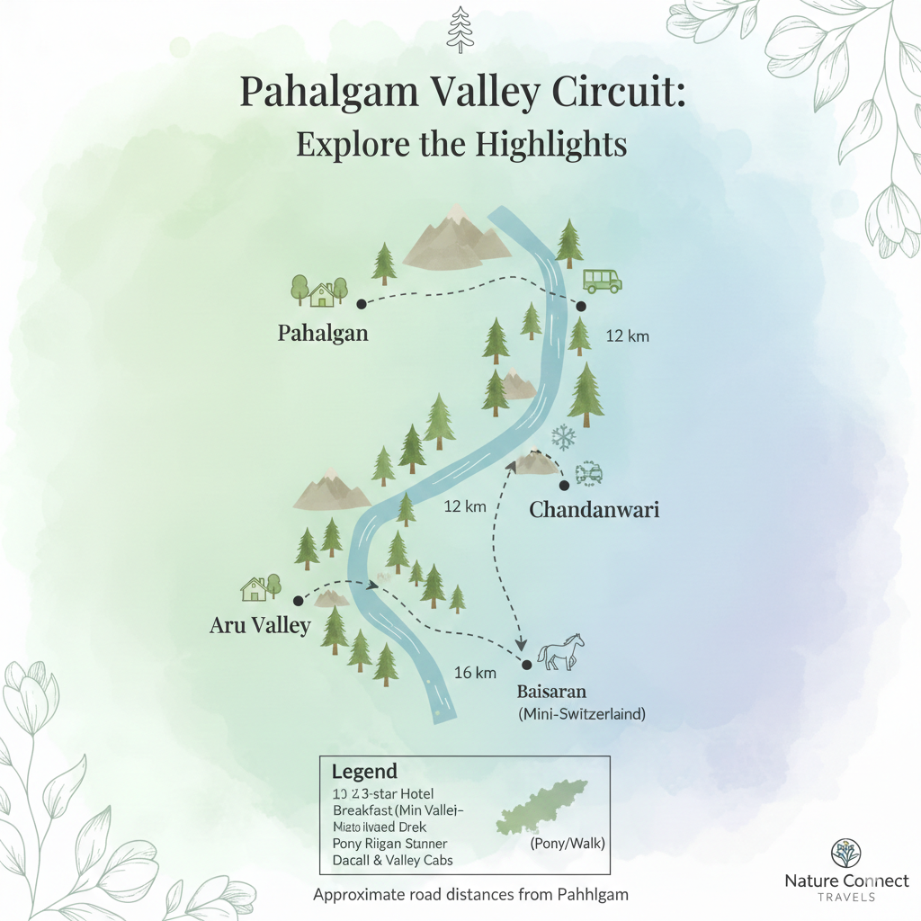 Ultimate Pahalgam Tour Packages 2026 | Prices & Itineraries 10 Pahalgam tour packages valley map showing Betaab, Aru, Chandanwari, Baisaran with distances and must-visit locations