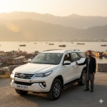 Premium Fortuner cab service in Kashmir 2026 featuring luxury Toyota Fortuner SUV with professional driver at Dal Lake Srinagar]