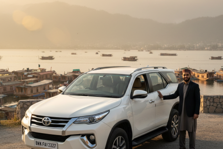 Premium Fortuner cab service in Kashmir 2026 featuring luxury Toyota Fortuner SUV with professional driver at Dal Lake Srinagar]