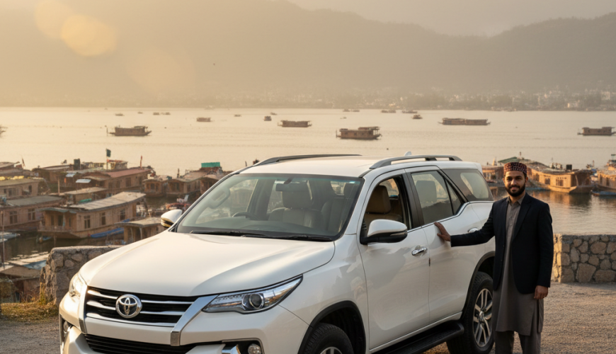 Premium Fortuner cab service in Kashmir 2026 featuring luxury Toyota Fortuner SUV with professional driver at Dal Lake Srinagar]