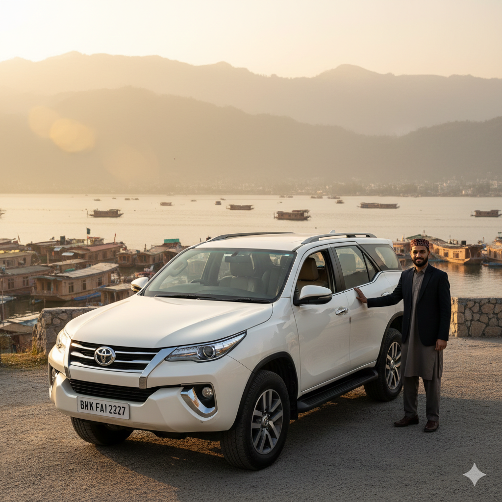 Premium Fortuner cab service in Kashmir 2026 featuring luxury Toyota Fortuner SUV with professional driver at Dal Lake Srinagar]