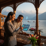 Professional Srinagar business owner analyzing digital marketing analytics with iconic Dal Lake backdrop representing the best digital marketing in Srinagar