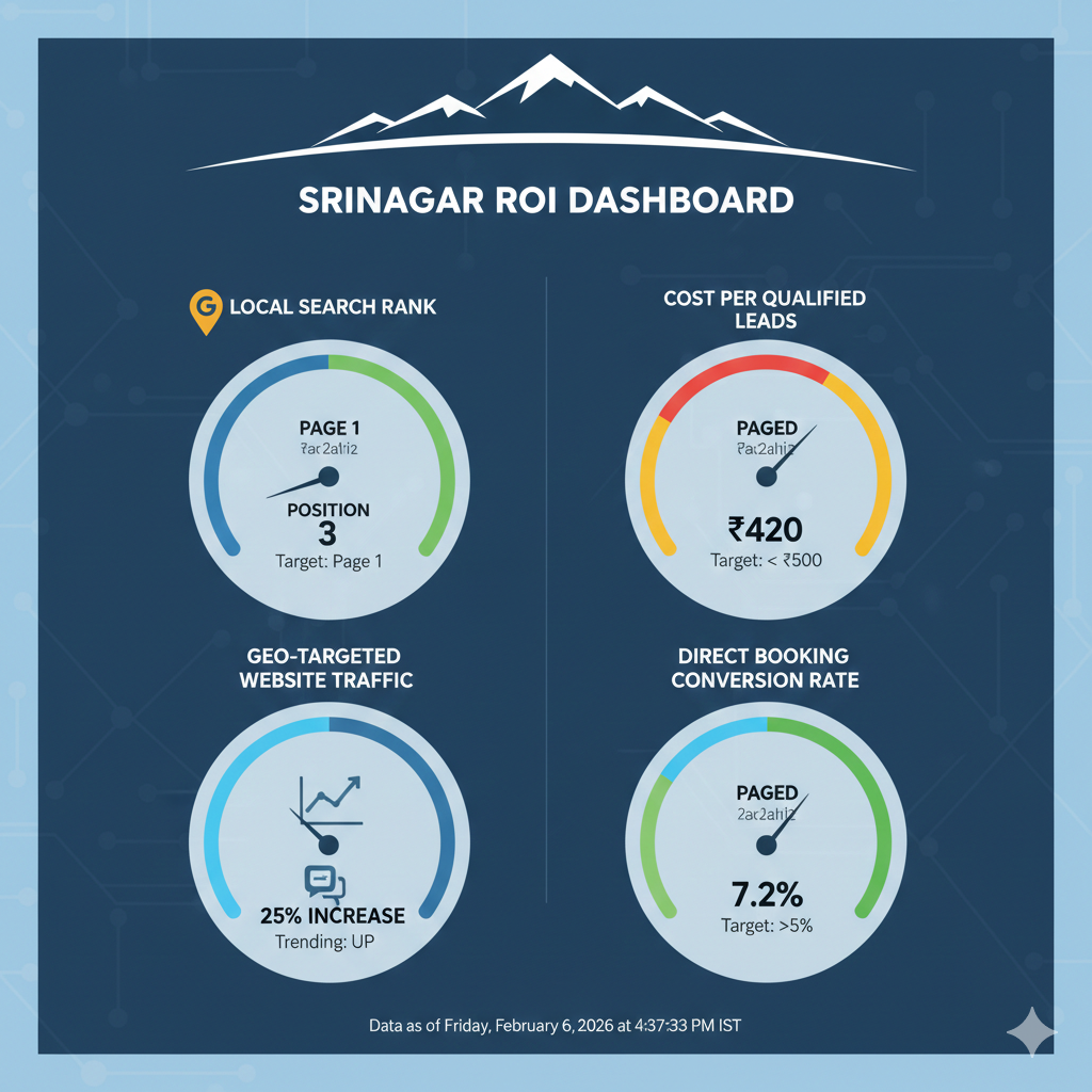 ROI tracking dashboard measuring results from the best digital marketing in Srinagar with key local performance metrics