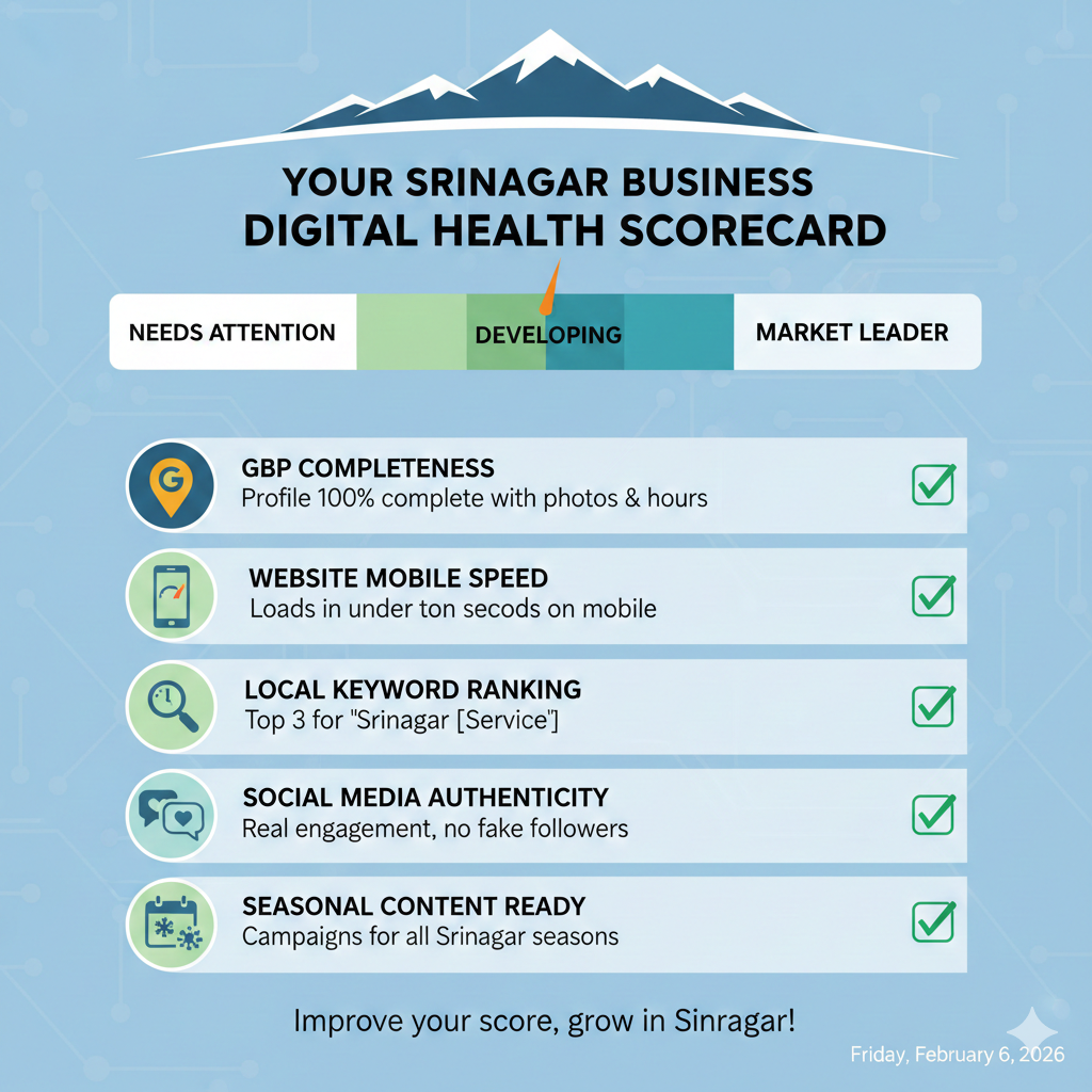 Scorecard for evaluating the best digital marketing in Srinagar across five essential business health metrics
