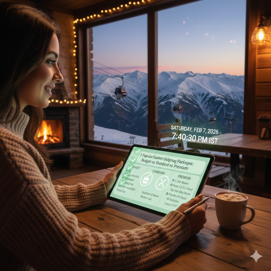 Smart traveler reviewing Kashmir Gulmarg package details for optimal planning and value