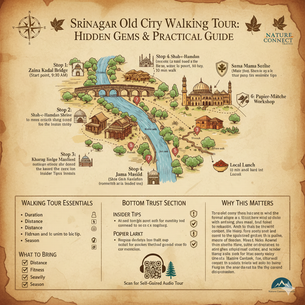 Srinagar Old City walking tour map showing Zaina Kadel, Shah-e-Hamdan, Jama Masjid, spice market, and papier-mâché workshop with practical tips and insider advice