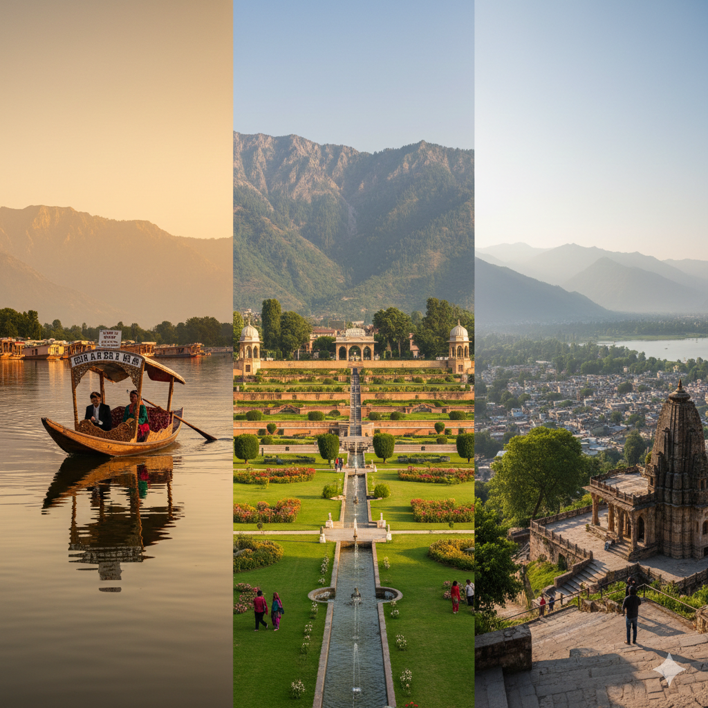 Srinagar local sightseeing itinerary 2026 featuring Dal Lake shikara, Nishat Bagh Mughal Gardens, and Shankaracharya Temple panoramic views