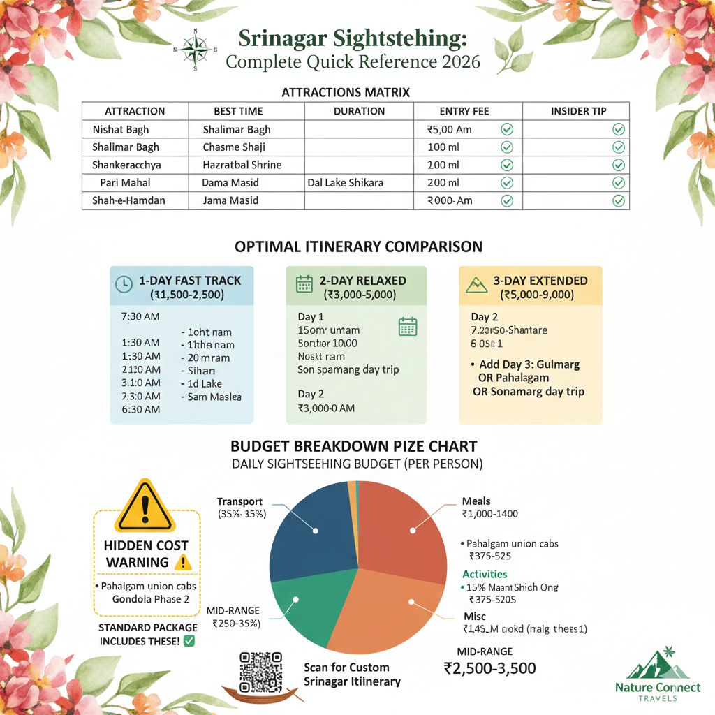 Srinagar local sightseeing quick reference matrix showing all attractions with timings, duration, entry fees, insider tips, and 1-day vs 2-day itinerary comparison with daily budget breakdown