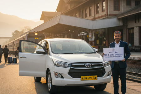 Srinagar railway taxi service 2026 - professional driver with SUV at Srinagar Railway Station ready for transfer