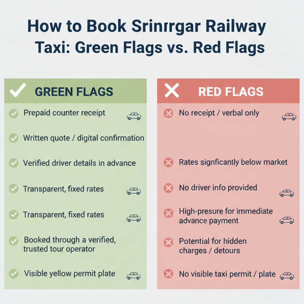 Srinagar Railway Taxi Service 2026: Fares & Booking | Nature Connect 10 Srinagar railway taxi service booking checklist showing green flags and red flags for choosing reliable service