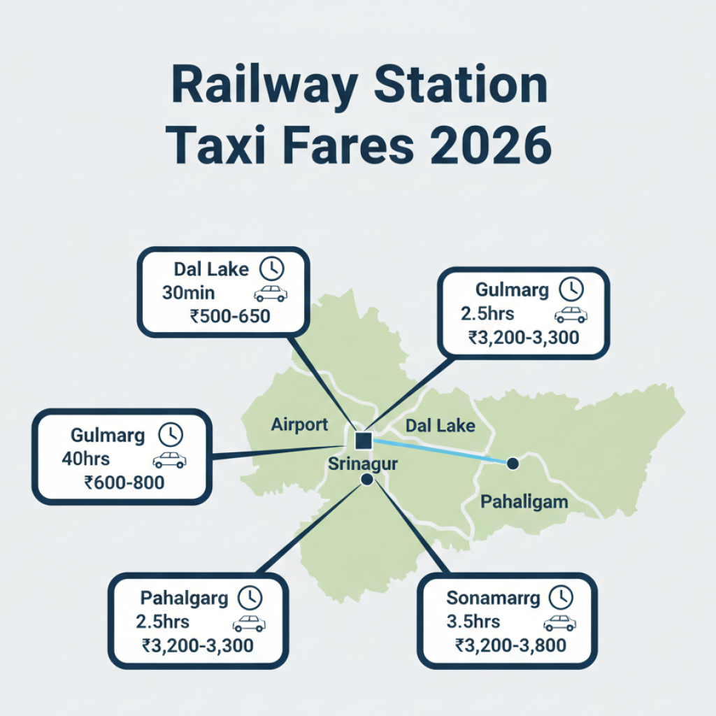 Srinagar Railway Taxi Service 2026: Fares & Booking | Nature Connect 9 Srinagar railway taxi service fare chart 2026 showing rates to Dal Lake, Gulmarg, Pahalgam, Sonamarg with vehicle options and travel times