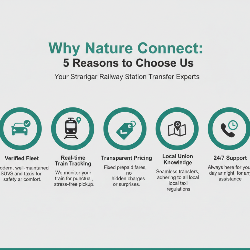 Srinagar Railway Taxi Service 2026: Fares & Booking | Nature Connect 12 Srinagar railway taxi service - why choose Nature Connect Travels with five trust factors and verification badges