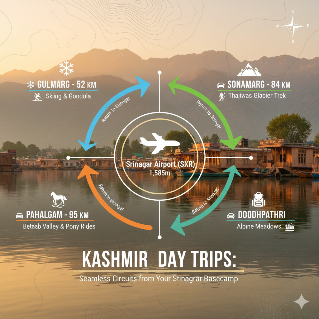 Srinagar to Srinagar package tour 2026 circular route map showing return journey loop from airport to valleys and back to airport