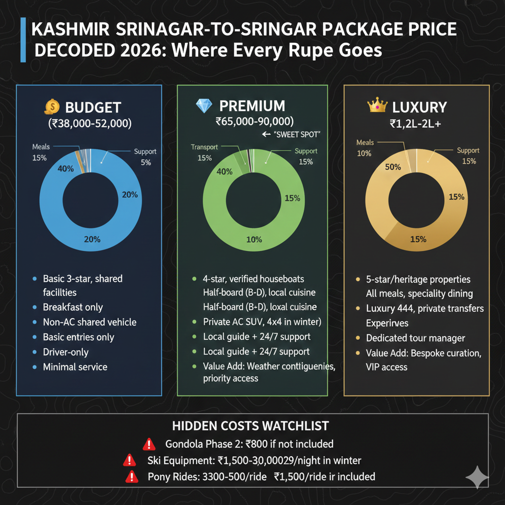 Srinagar to Srinagar package tour 2026 cost breakdown - Budget, Premium, and Luxury options with transparent per-component pricing