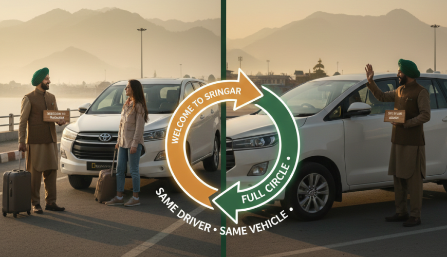 Srinagar to Srinagar package tour 2026 featuring same driver and vehicle continuity from airport arrival to departure with seamless round-trip experience