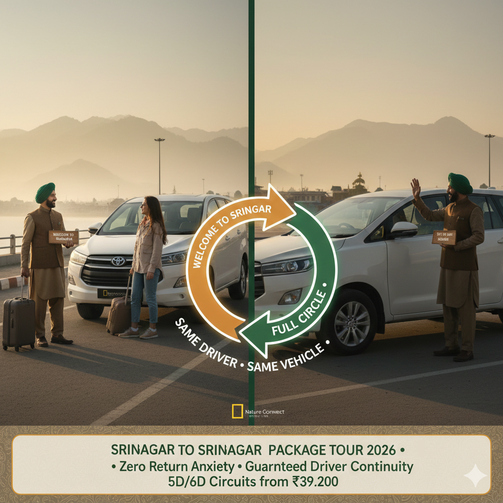 Srinagar to Srinagar package tour 2026 featuring same driver and vehicle continuity from airport arrival to departure with seamless round-trip experience