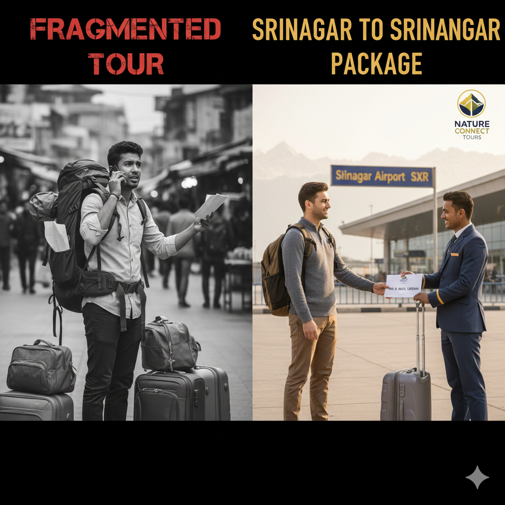 Srinagar to Srinagar package tour comparison showing fragmented vs round-trip seamless return experience