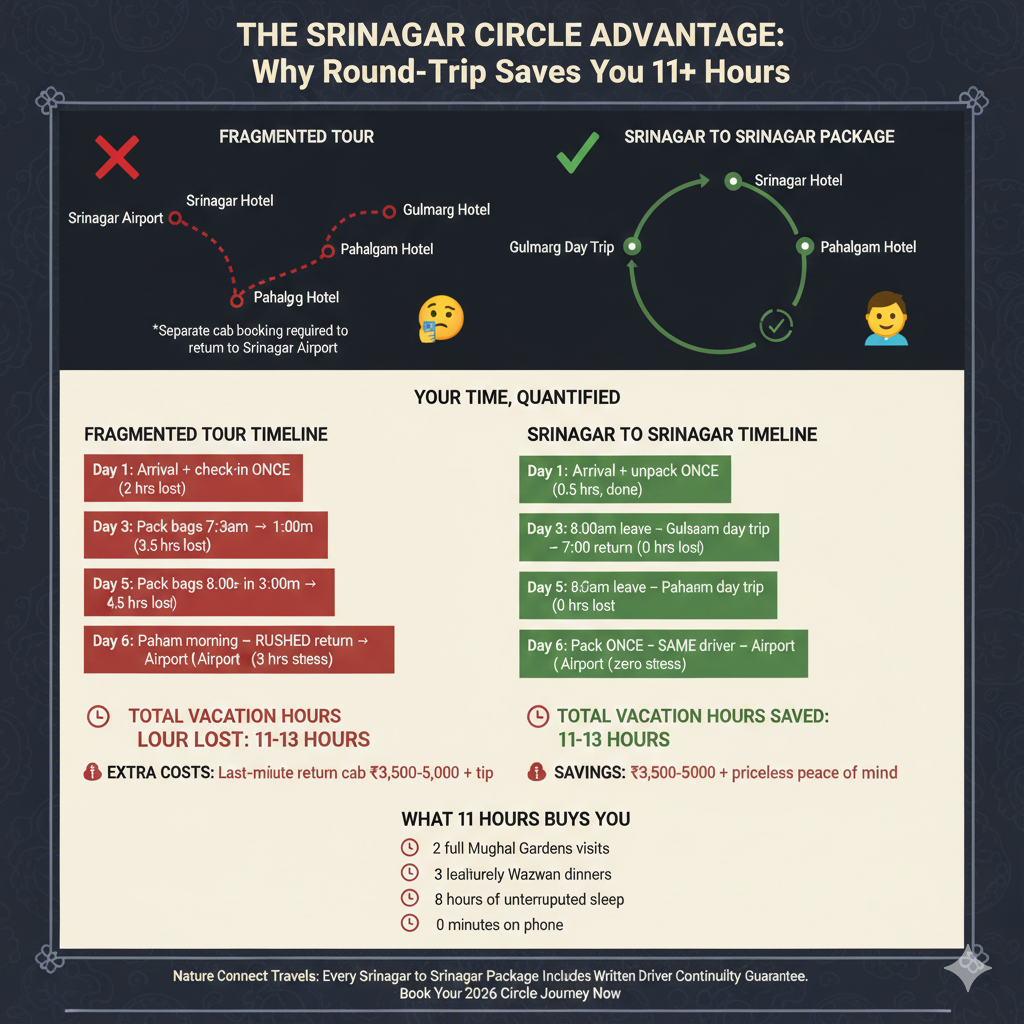 Srinagar to Srinagar package tour vs fragmented tour comparison infographic - round-trip saves 11-13 vacation hours and eliminates return cab stress