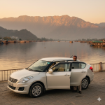 Swift Dzire cab service in Kashmir 2026 featuring clean white Swift Dzire sedan with professional driver at Dal Lake Srinagar