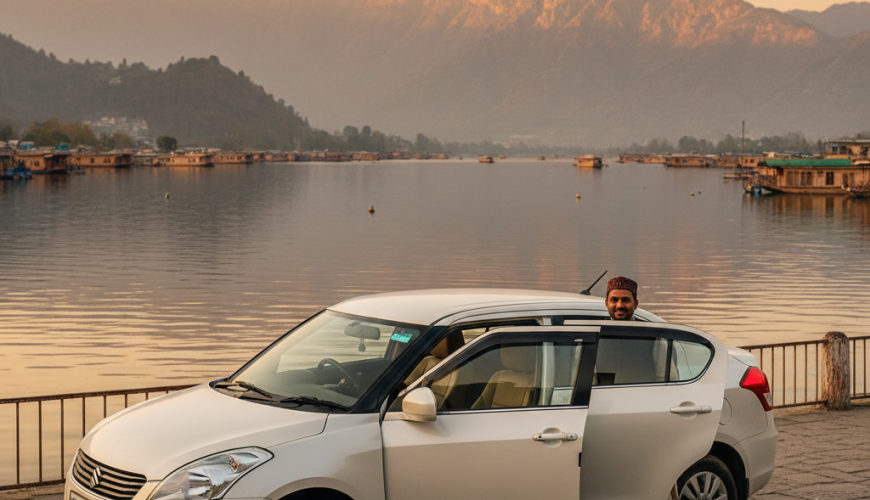 Swift Dzire cab service in Kashmir 2026 featuring clean white Swift Dzire sedan with professional driver at Dal Lake Srinagar
