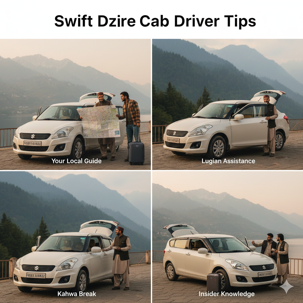 Best Swift Dzire Cab Service in Kashmir 2026 | Rates & Booking 16 Swift Dzire cab service in Kashmir driver tips showing professional driver assisting with luggage, maps, and local hospitality