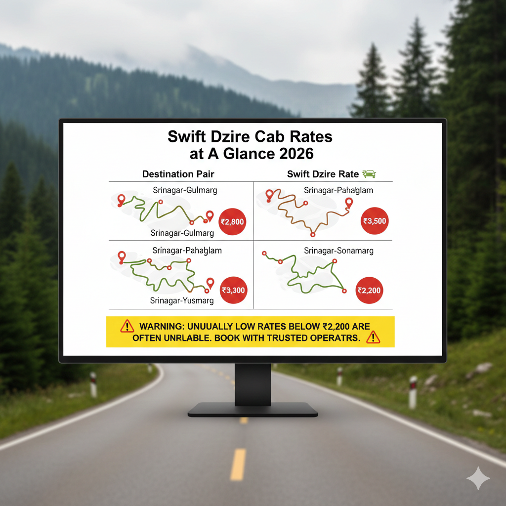 Best Swift Dzire Cab Service in Kashmir 2026 | Rates & Booking 12 Swift Dzire cab service in Kashmir rates chart 2026 showing Srinagar to Gulmarg, Pahalgam, Sonamarg, Yusmarg fares with government-approved rates and warning about low rates