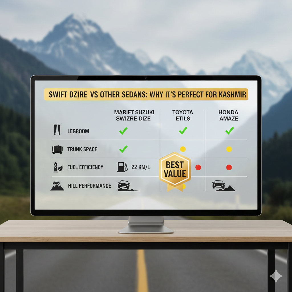 Best Swift Dzire Cab Service in Kashmir 2026 | Rates & Booking 11 Swift Dzire comparison infographic showing why Swift Dzire cab service in Kashmir offers better comfort, space, and fuel efficiency than competitors