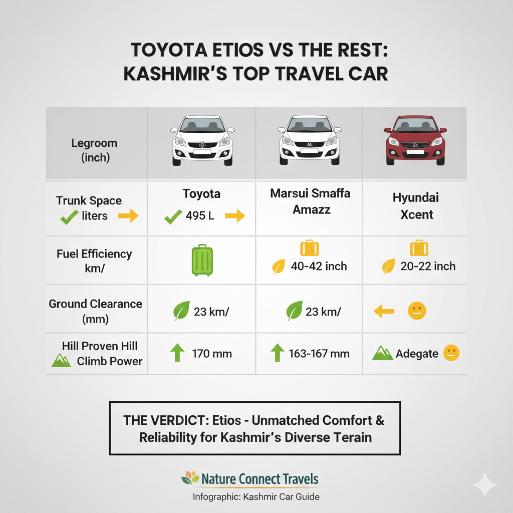 Toyota Etios comparison infographic showing why Etios cab service in Kashmir offers better comfort, space, and hill performance than competitors