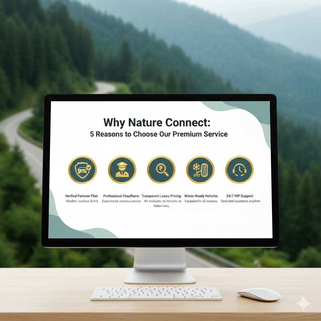 Why choose Nature Connect Travels for Fortuner cab service in Kashmir with five premium trust factors and gold verification badges