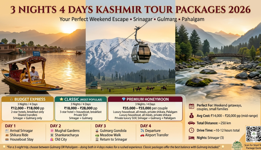 3 nights 4 days Kashmir tour packages 2026 comparison with Budget Express ₹12K-18K pp, Classic ₹18K-28K pp most popular, Premium Honeymoon ₹35K-55K per couple, day-by-day itinerary Day 1 arrival shikara Day 2 Mughal Gardens Day 3 Gulmarg Gondola Day 4 departure, quick statistics average cost ₹14K-20K pp total distance 250km, insider tip choose Gulmarg OR Pahalgam for 3-night trip