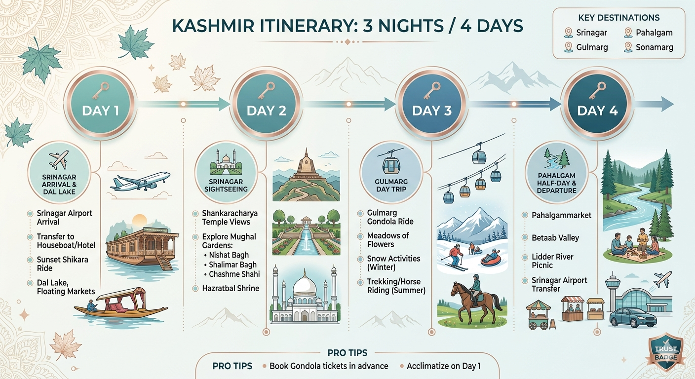 3 nights 4 days Kashmir tour packages itinerary timeline showing Srinagar, Gulmarg, and Pahalgam with daily highlights