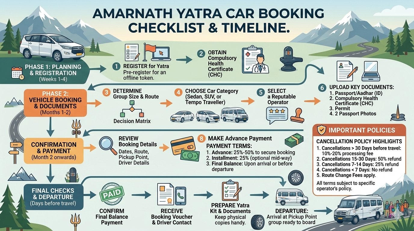 Amarnath Yatra Car Booking 2026: Safe & Reliable | Nature Connect 13 Amarnath Yatra car booking checklist showing 6 steps registration, route selection, operator contact, payment, confirmation, and journey start with document reminders