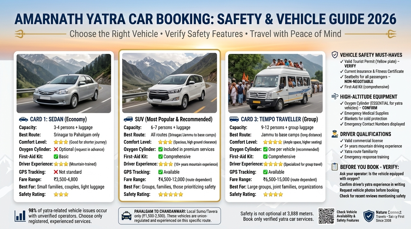 Amarnath Yatra Car Booking 2026: Safe & Reliable | Nature Connect 12 Amarnath Yatra car booking safety comparison showing sedan (₹3,500-4,800, 3-4 persons), SUV (₹4,500-12,000, 6-7 persons, oxygen equipped), tempo traveller (₹6,500-15,000, 9-12 persons) with safety features checklist and verification tips