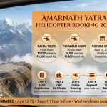 Amarnath Yatra helicopter booking 2026 - helicopter approaching Panjtarni helipad with infographic showing Baltal route ₹3,250, Pahalgam route ₹4,900, booking opens April 14, 5-step process SASB registration CHC online booking payment ticket download, document checklist, age 13-70 non-refundable warning