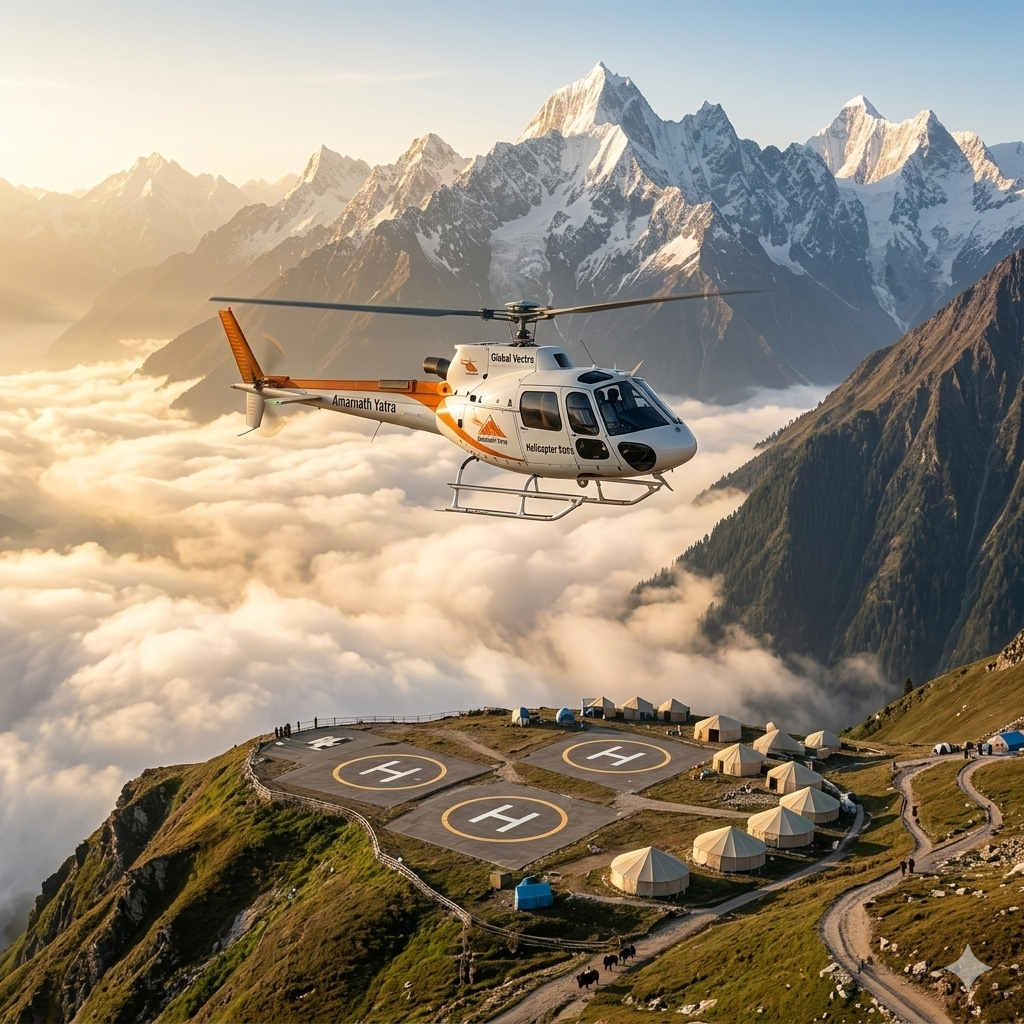 Amarnath Yatra helicopter booking 2026 - helicopter flying over Himalayas to Panjtarni helipad