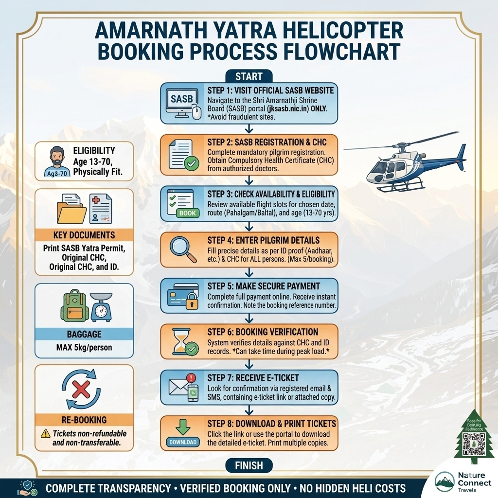 Amarnath Yatra helicopter booking process flowchart showing 8 steps from SASB registration to ticket download