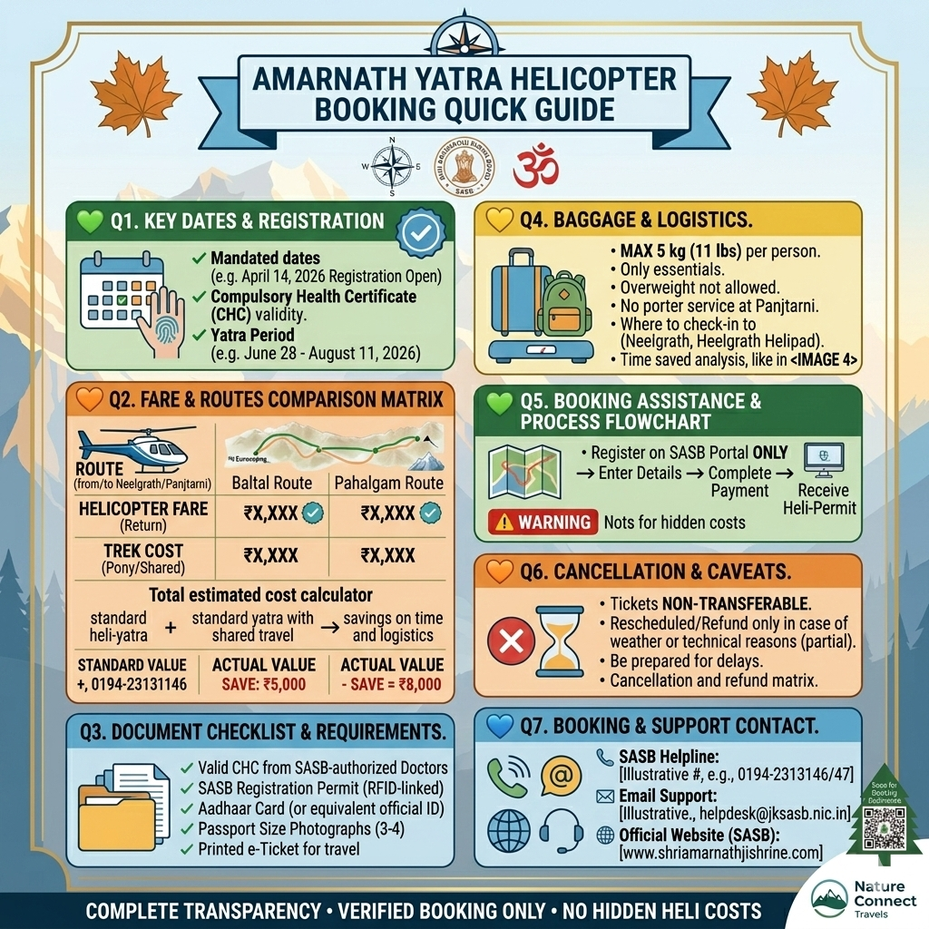 Amarnath Yatra helicopter booking quick guide with dates, fares, document checklist, and contact info