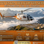 Amarnath Yatra helicopter service 2026 - helicopter flying over Himalayas with infographic showing Baltal route ₹3,250, Pahalgam route ₹4,900, flight times 8-30 minutes, and booking essentials SASB registration CHC age 13-70