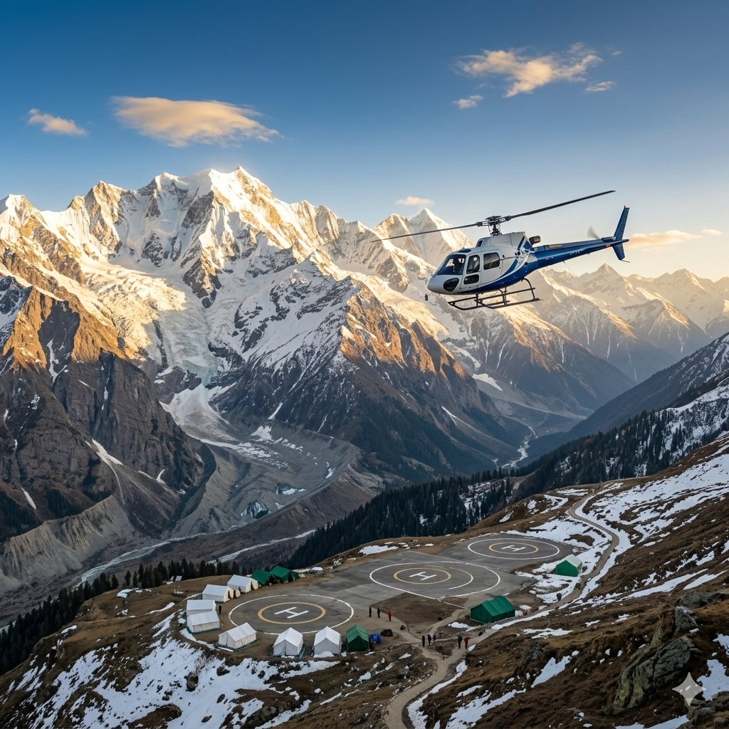 Amarnath Yatra helicopter service 2026 helicopter flying over Himalayas to Panjtarni helipad with snow capped peaks