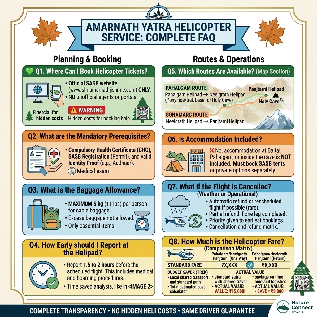 Amarnath Yatra helicopter service FAQ with route maps, fare comparison, and essential tips for pilgrims