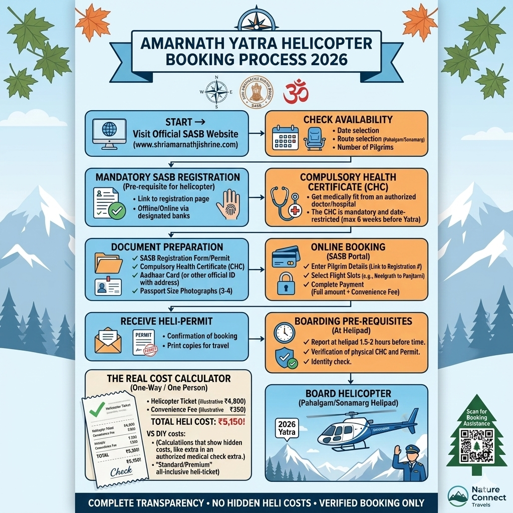 Amarnath Yatra helicopter service booking flowchart showing online booking steps, document checklist, and important deadlines